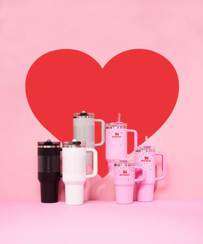 Todos os itens da linha Dia dos Namorados Stanley juntos, representando os presentes possíveis.