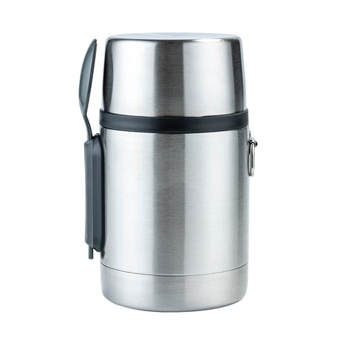 Pote térmico para alimentos, prateado, com colher.