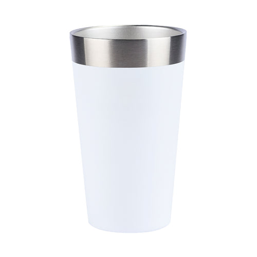 Copo térmico branco com borda de metal.
