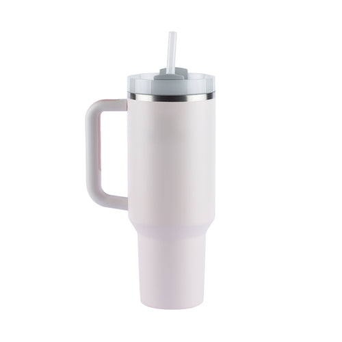 Copo térmico grande rosa com alça e canudo.