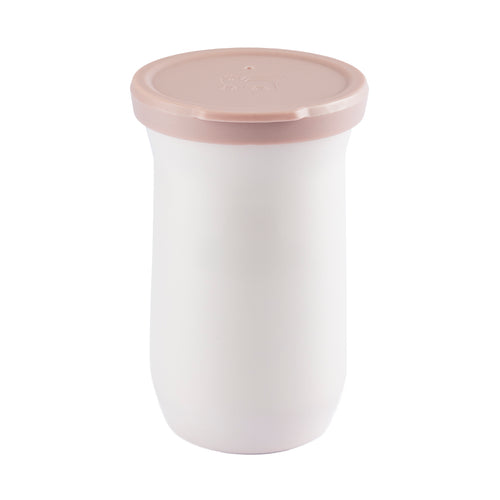 Pote térmico branco com tampa rosa claro.