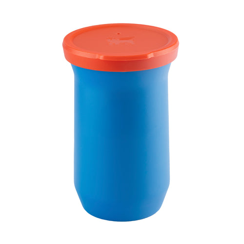 Pote térmico azul com tampa laranja.
