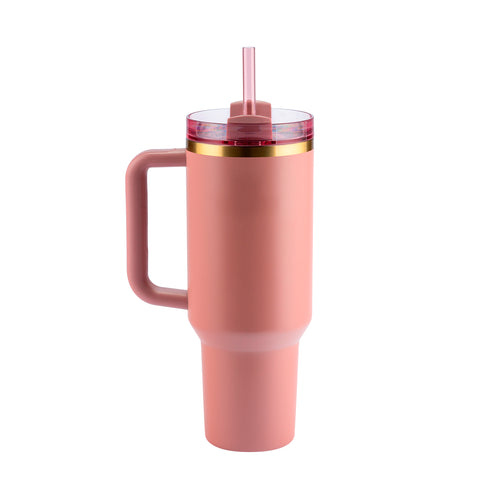 Copo térmico grande rosa com alça e tampa transparente com canudo.