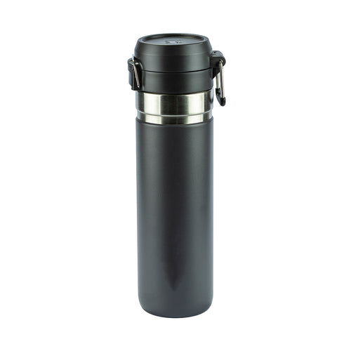 Garrafa térmica cinza chumbo com tampa preta e anel metálico.