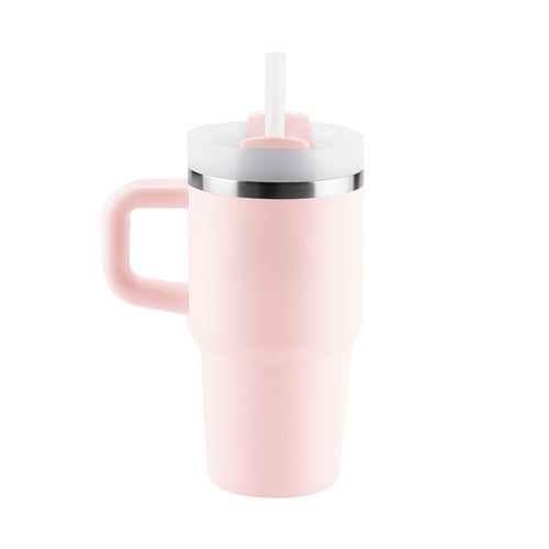 Copo térmico rosa com alça e canudo.