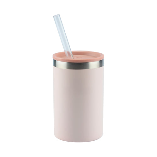 Copo térmico rosa com tampa e canudo transparente.