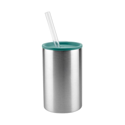 Copo térmico prateado com tampa verde-água e canudo.
