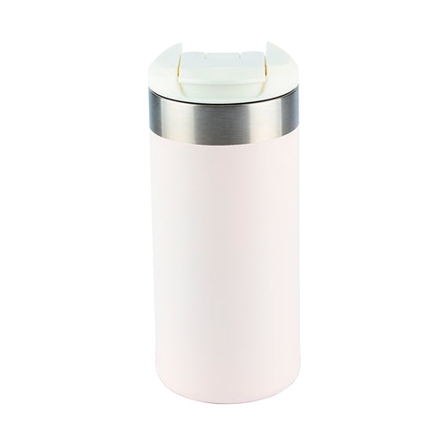 Copo térmico rosa claro com tampa branca e detalhes prateados.