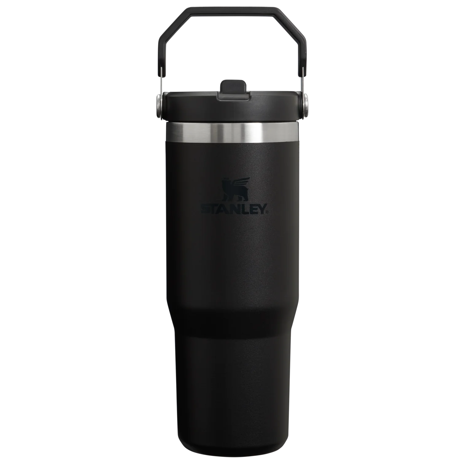 Copo térmico Stanley preto com alça e tampa.