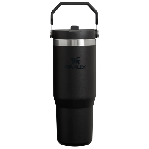 Copo térmico Stanley preto com alça e tampa.