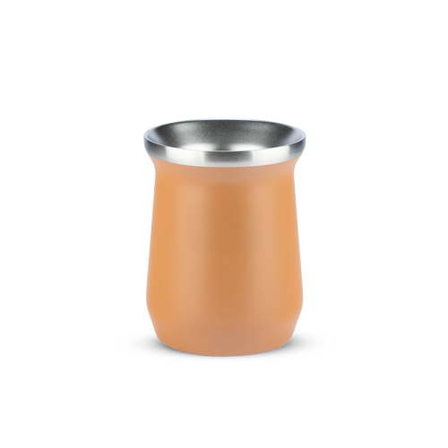 Copo térmico terracota com borda metálica.