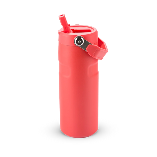 Garrafa térmica coral com canudo e alça.