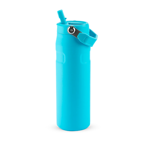 Garrafa azul-clara com canudo e alça na tampa.