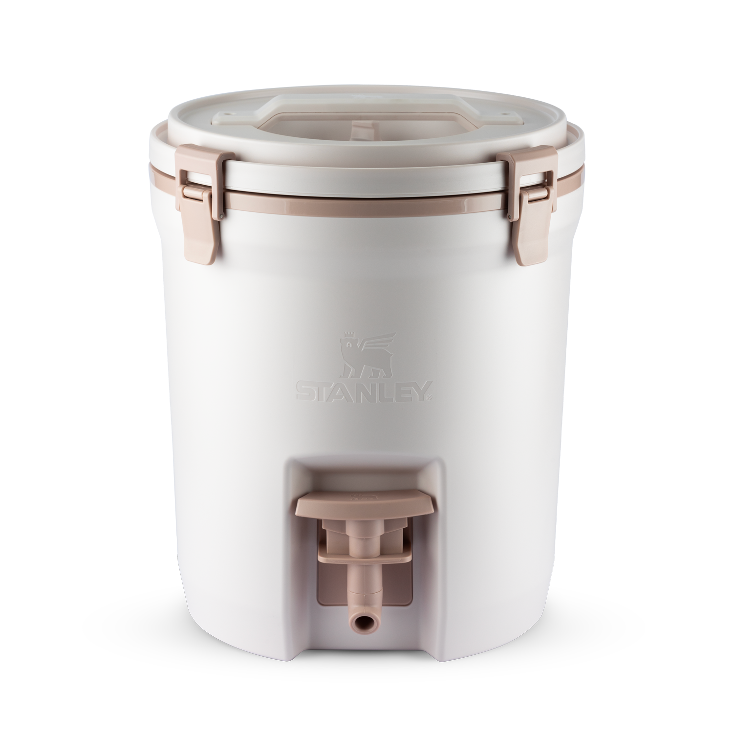 Dispenser térmico grande creme com detalhes bege e torneira na frente.