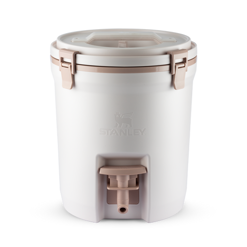 Dispenser térmico grande creme com detalhes bege e torneira na frente.