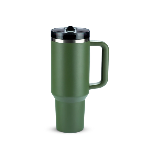 Copo térmico grande verde militar com alça e tampa.