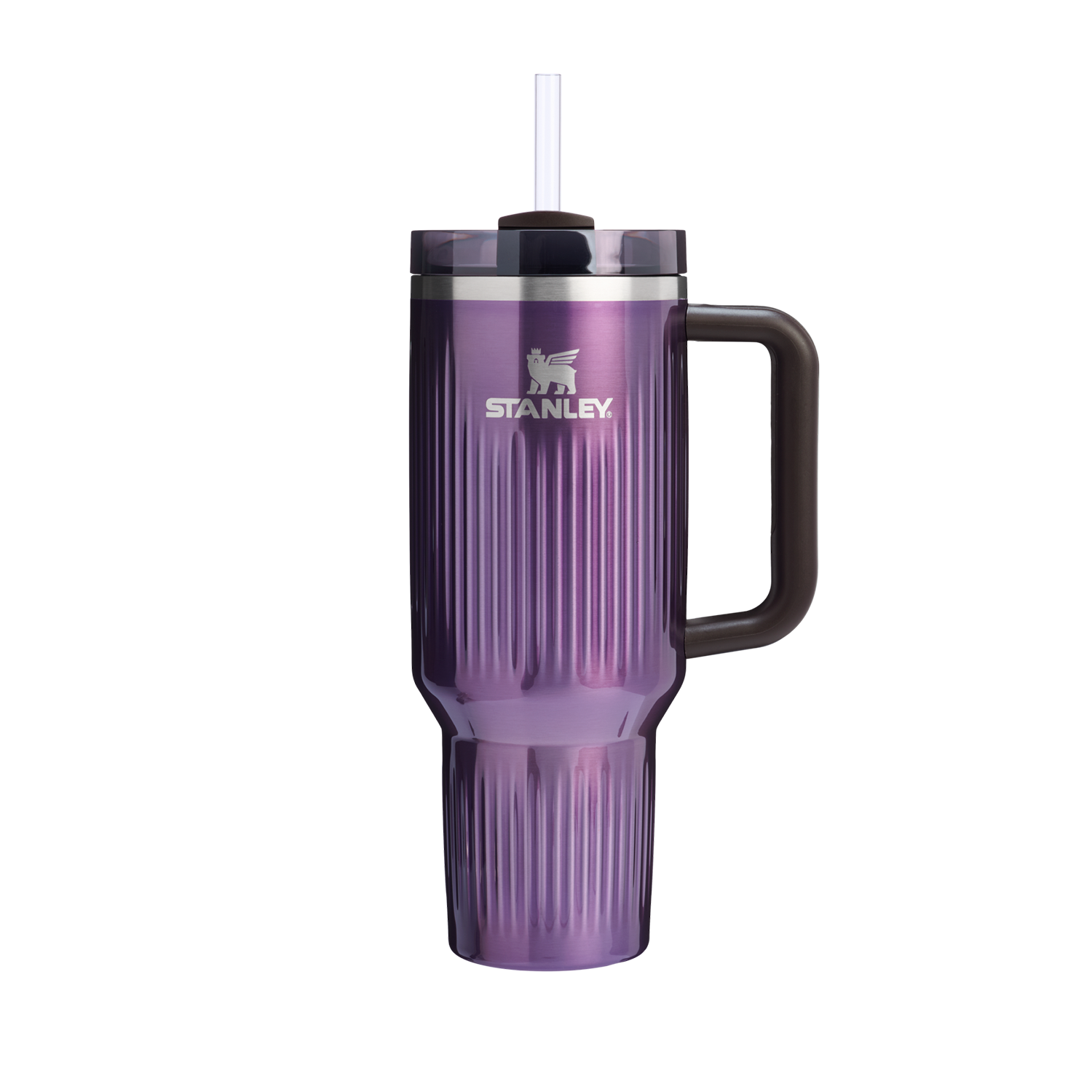 Copo térmico roxo com alça, canudo e textura canelada.