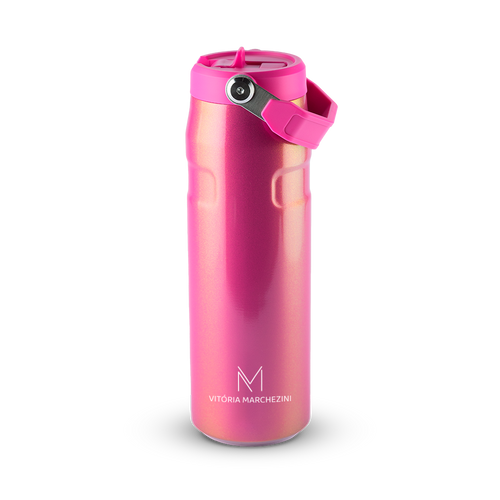 Garrafa rosa metálico com tampa e bico rosa, e alça lateral.