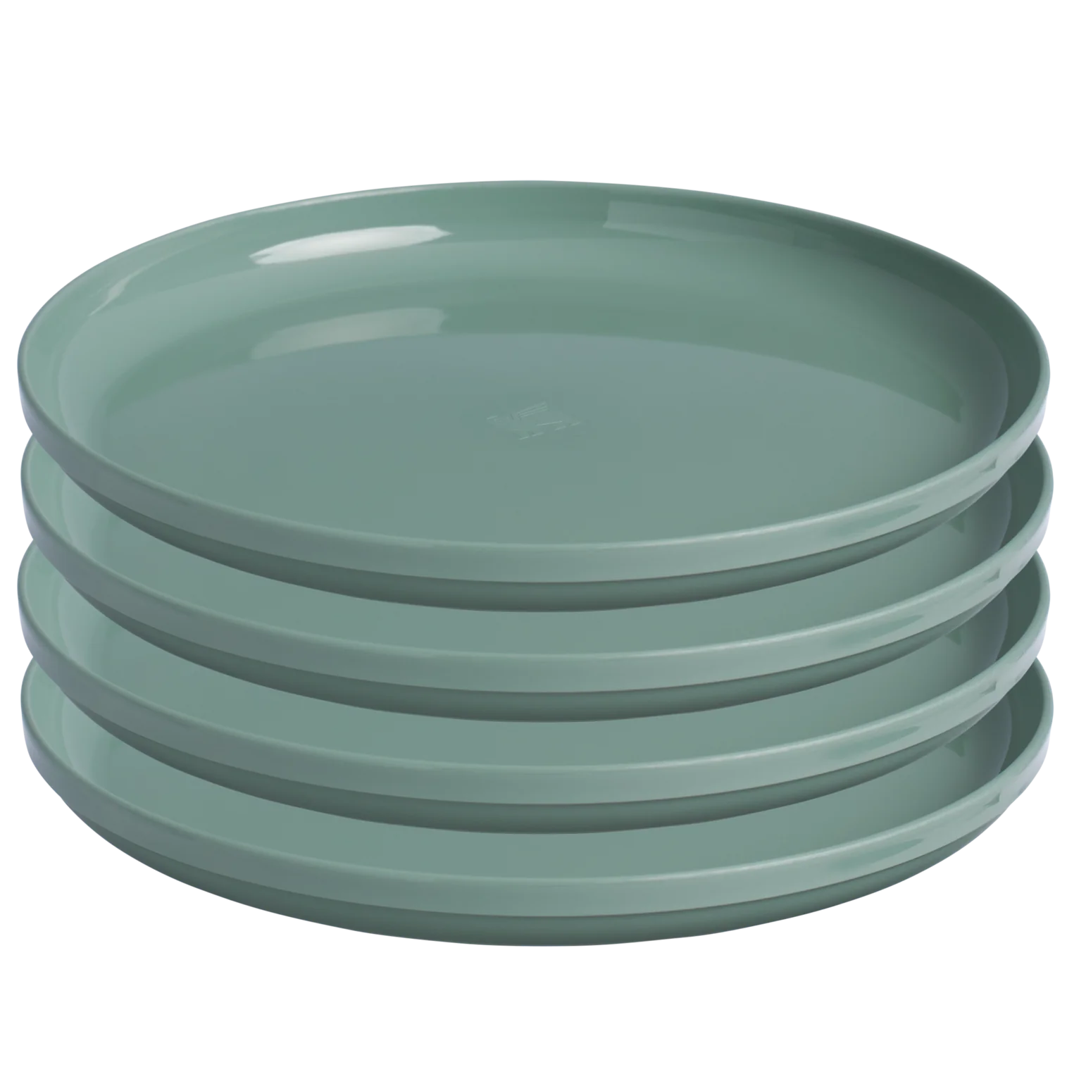 Conjunto de cinco pratos rasos empilhados, cor verde menta, design moderno com bordas levemente elevadas, superfície lisa e brilhante.