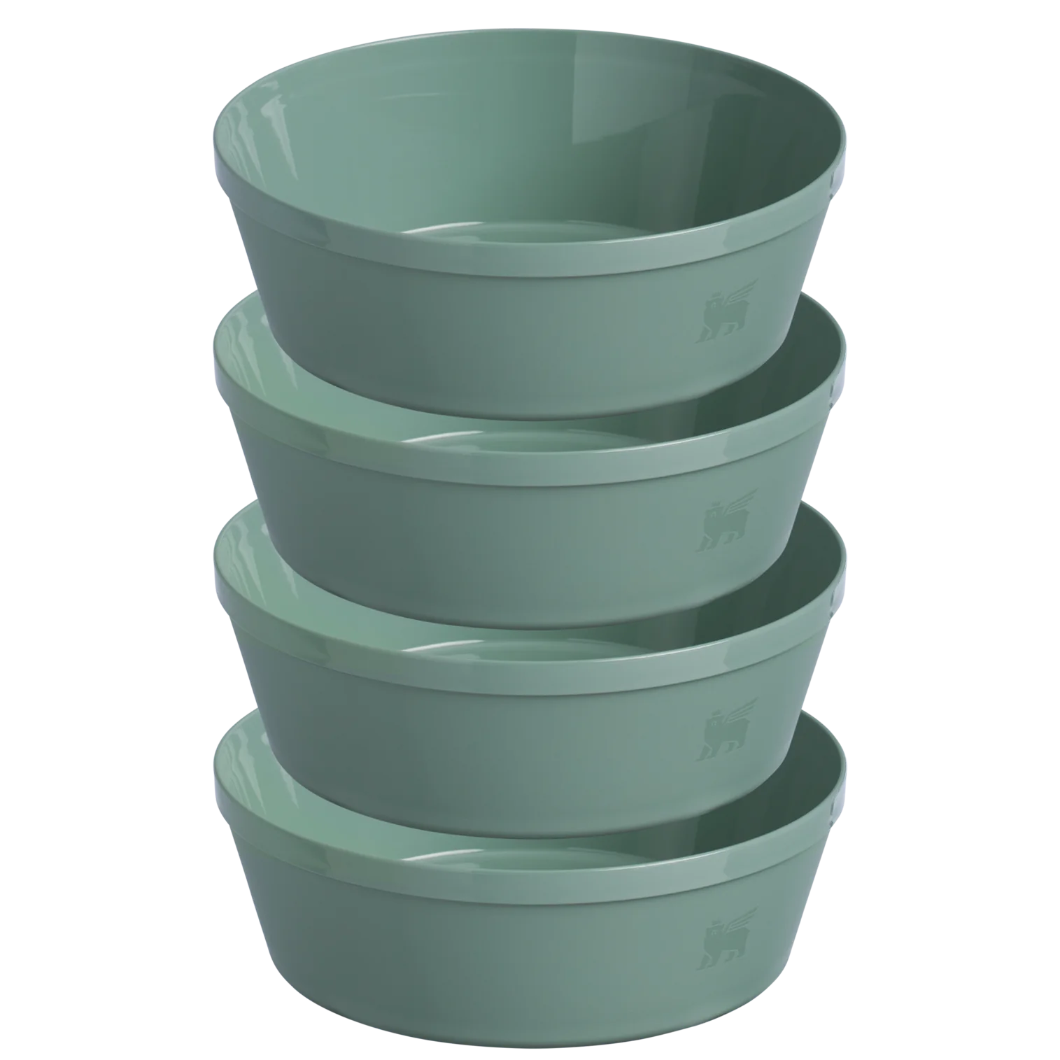 Conjunto de quatro tigelas empilháveis de plástico verde claro, com design liso e bordas levemente arredondadas. Cada tigela possui um pequeno logotipo de urso em relevo na lateral.