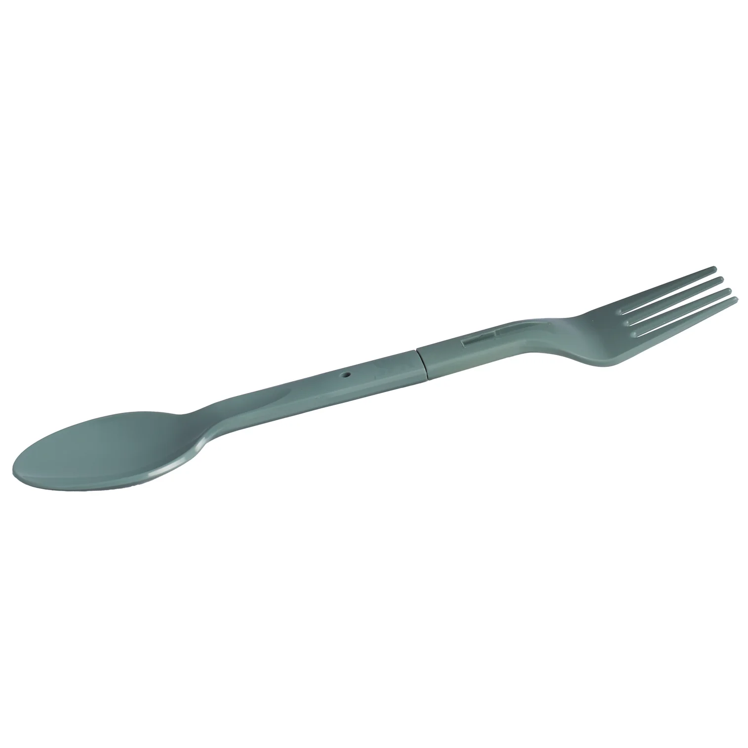 Utensílio de cozinha multifuncional, cor cinza, com design ergonômico. Possui uma colher arredondada em uma extremidade e um garfo de três dentes na outra. Feito de material durável, ideal para economizar espaço.