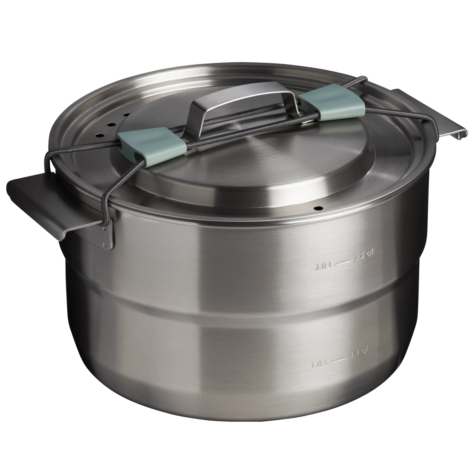 Panela de aço inoxidável com tampa, alça central robusta e suportes laterais em plástico azul claro. Marcações de medição na lateral para 1.0L e 2.0L. Alças laterais de metal para fácil manuseio. Design moderno e funcional.