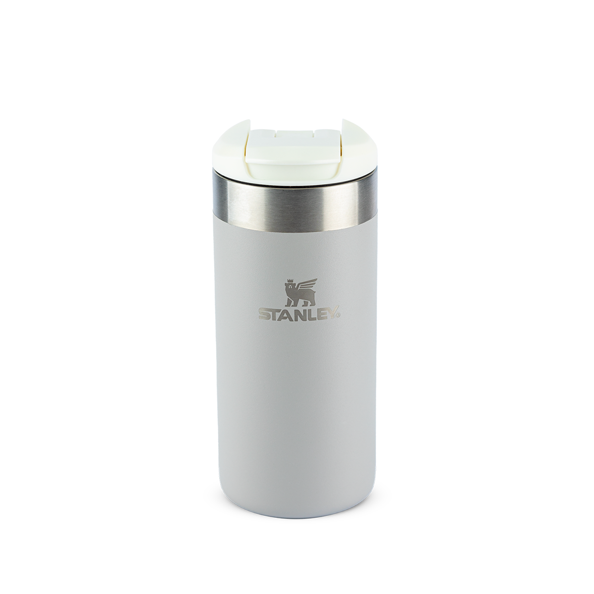 Copo térmico cinza claro com tampa branca.