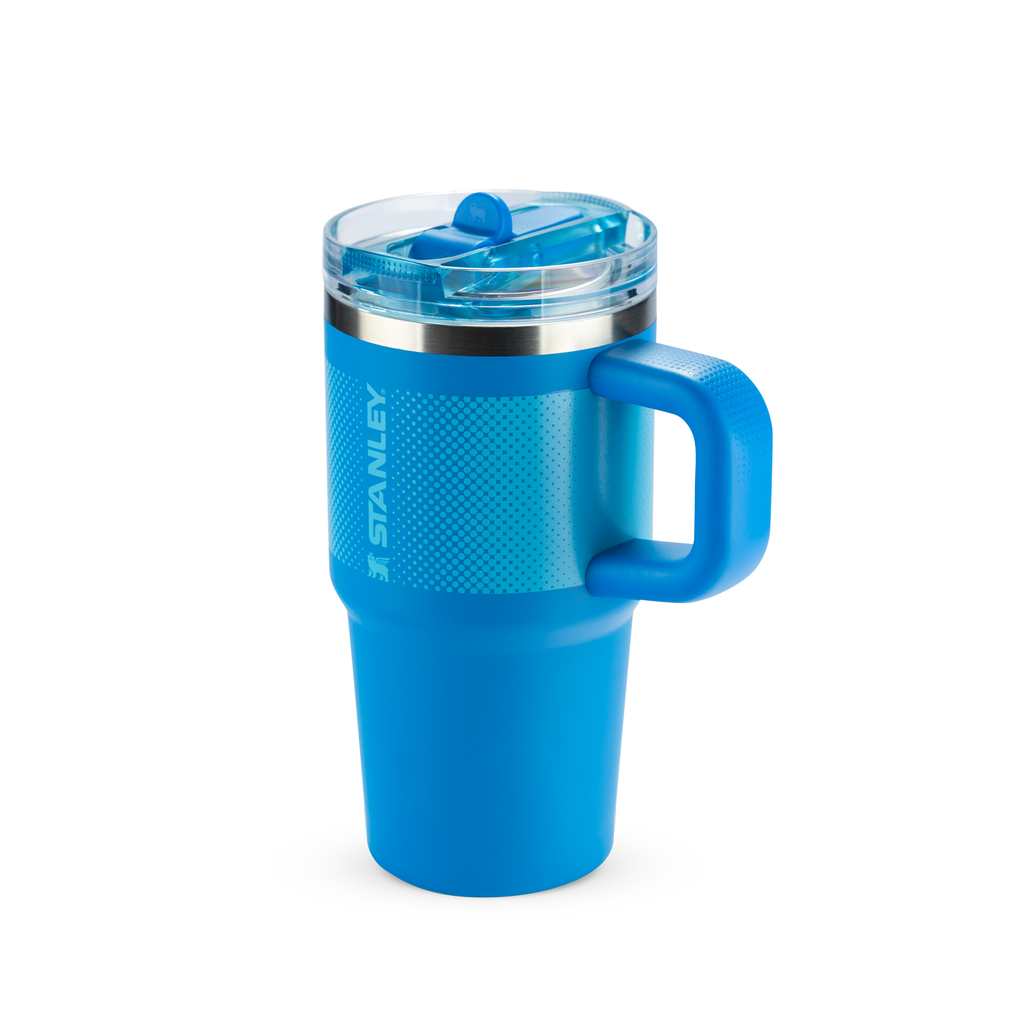 Quencher Protour Stanley azul brilhante com pega texturizada e tampa transparente, projetado para manter bebidas quentes ou frias.
