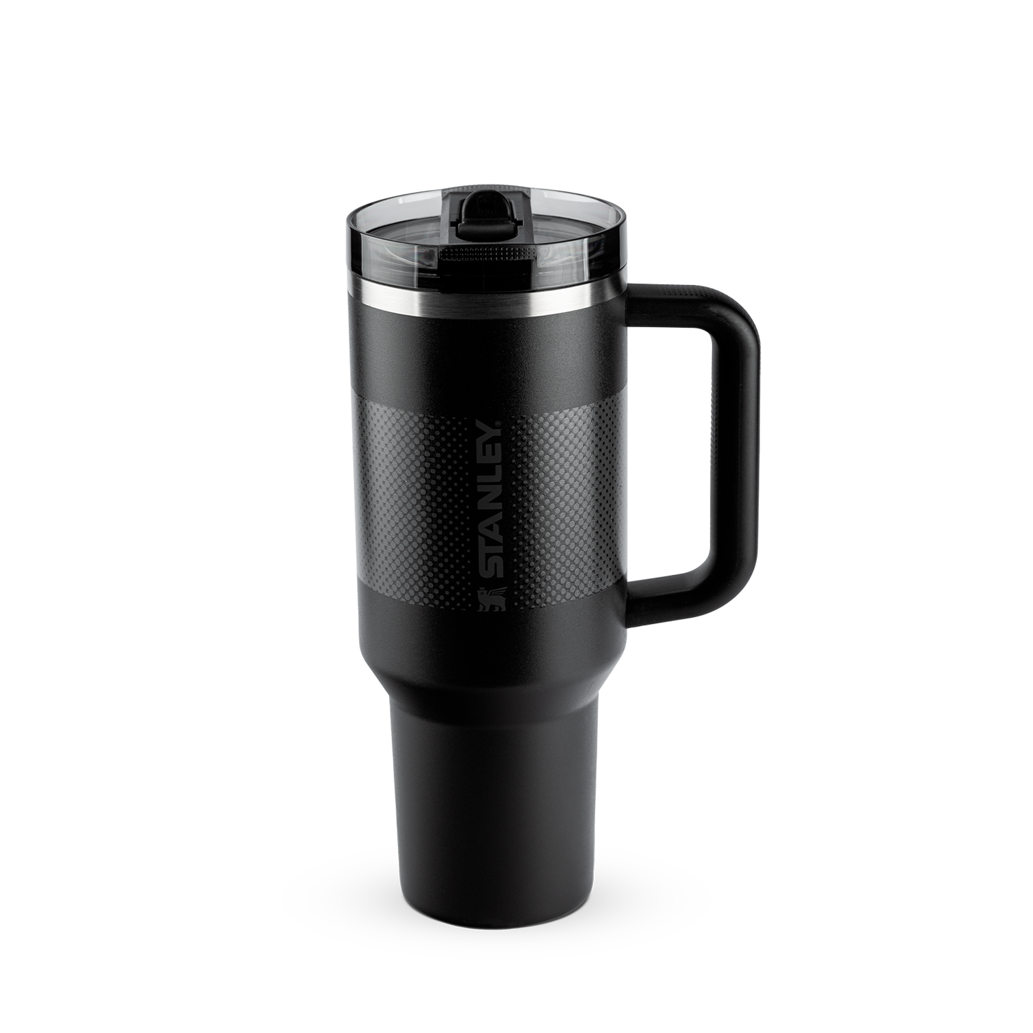 Quencher Stanley na cor preta com tampa transparente e design moderno, ideal para manter bebidas quentes ou frias, com pegador ergonômico.