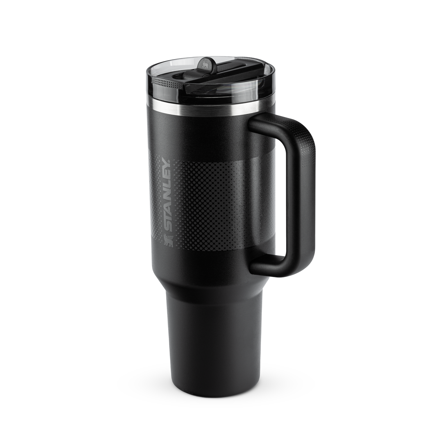 Quencher Stanley em cor preta com design moderno, ideal para manter bebidas geladas ou quentes durante o dia.