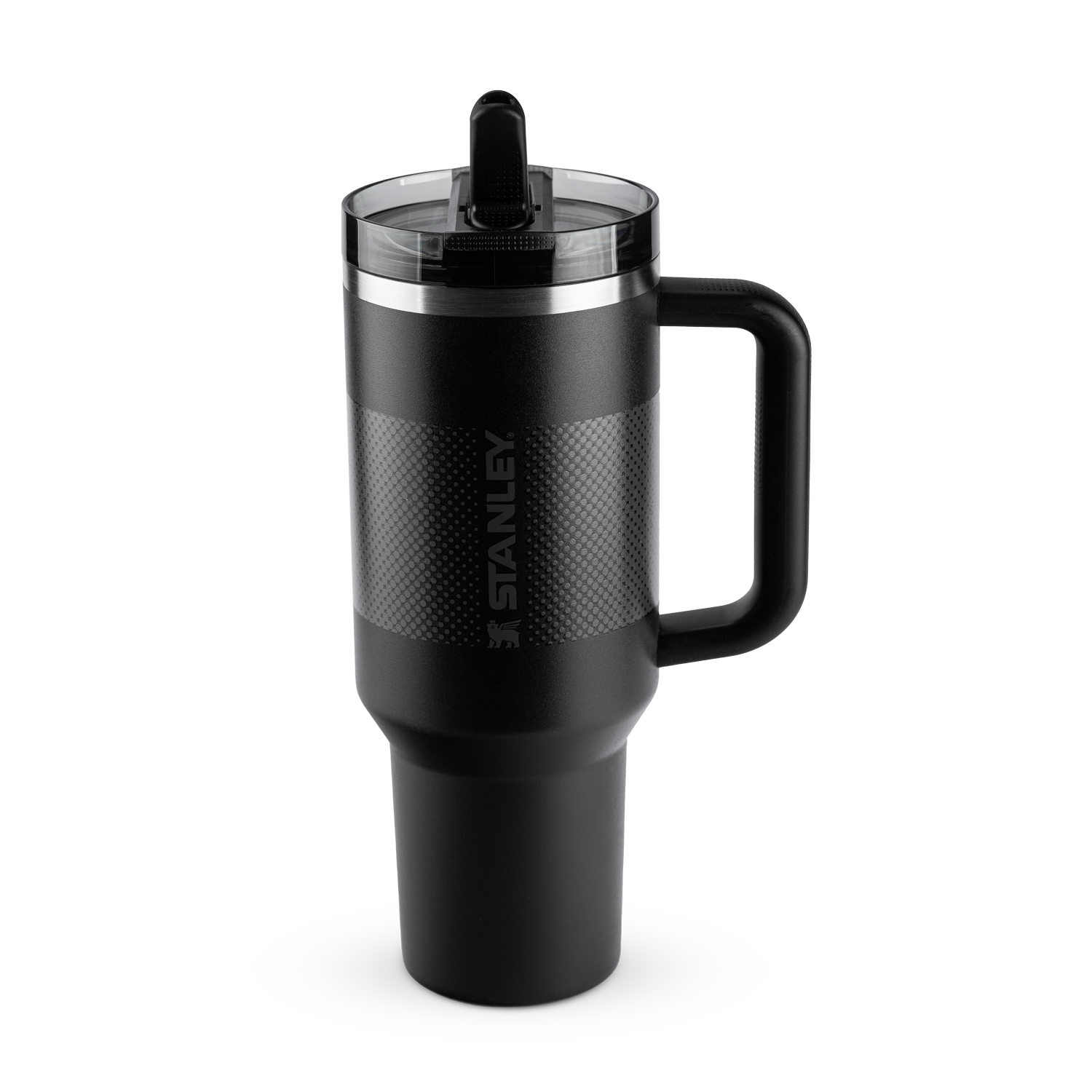 Quencher Stanley preta com detalhe escrito "STANLEY"