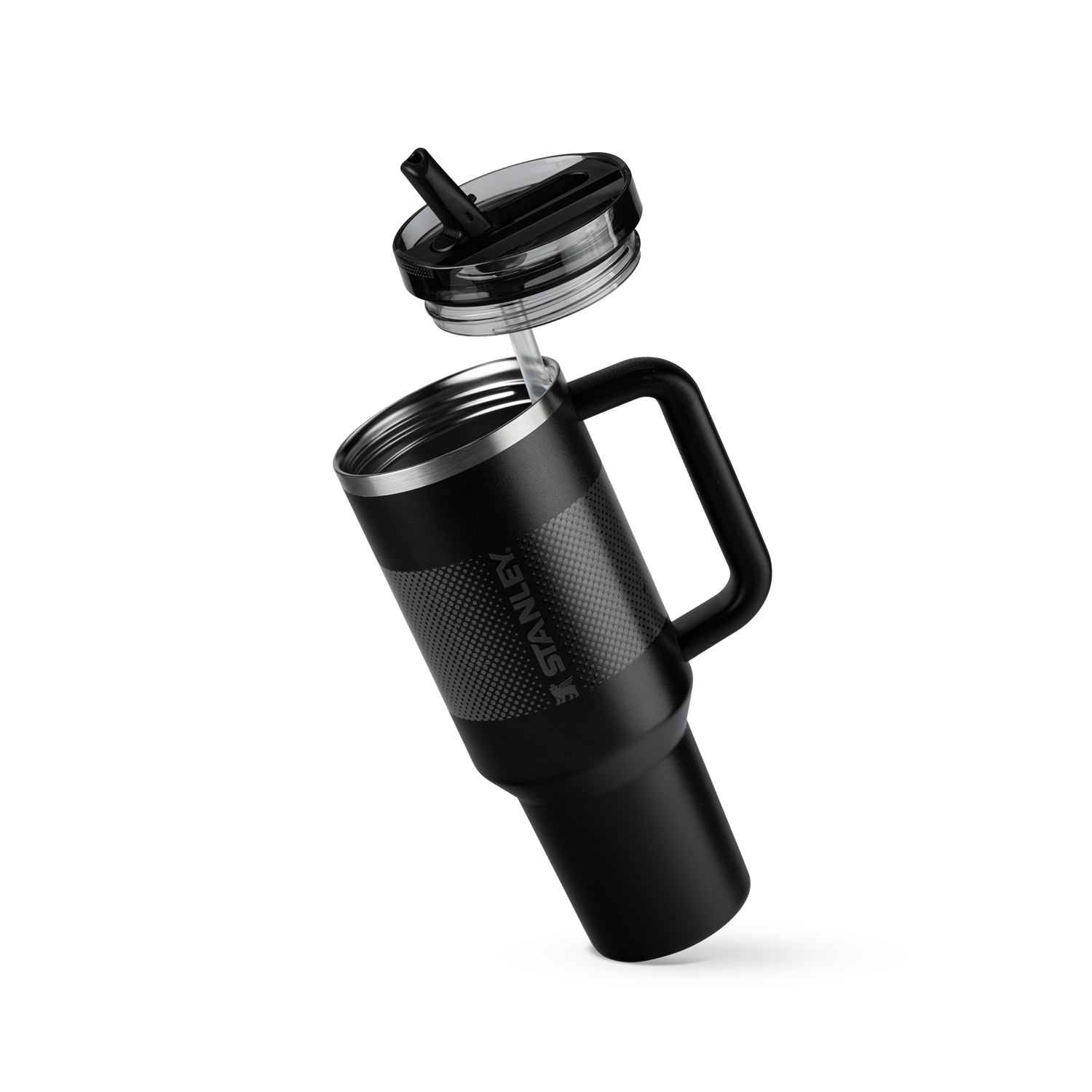 Quencher térmica, Stanley preta com tampa, canudo e alça com escrita "STANLEY"