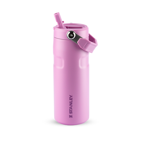 Garrafa térmica Stanley rosa com canudo e alça.