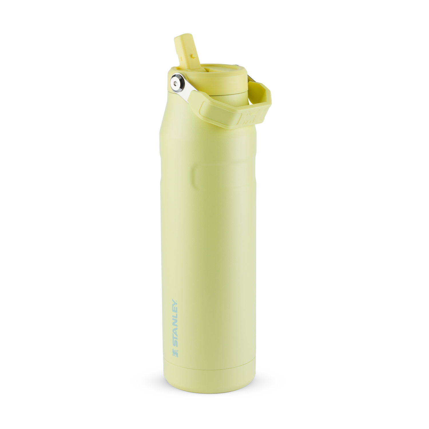 Garrafa térmica verde-limão com bico retrátil.