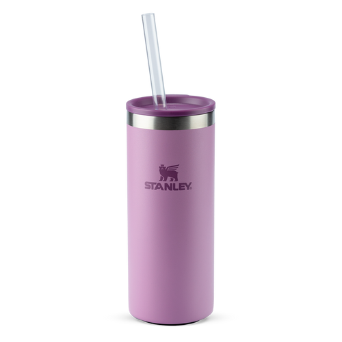 Copo térmico Stanley lilás com canudo e tampa roxa.