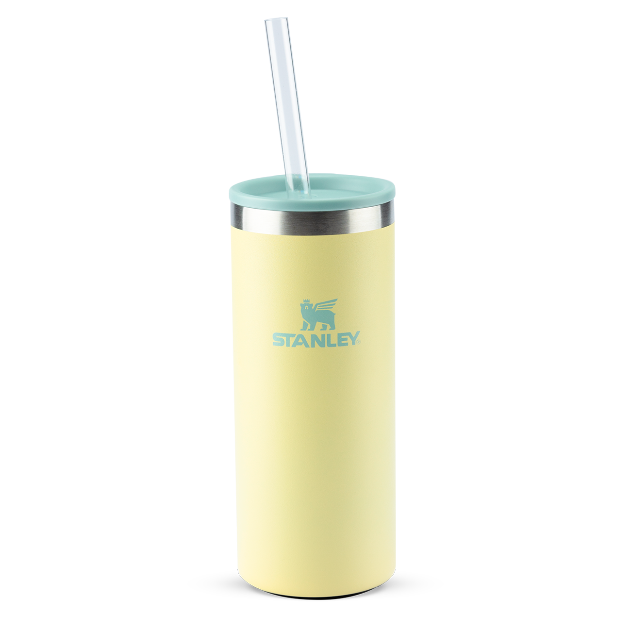 Copo térmico amarelo claro com tampa menta e canudo.
