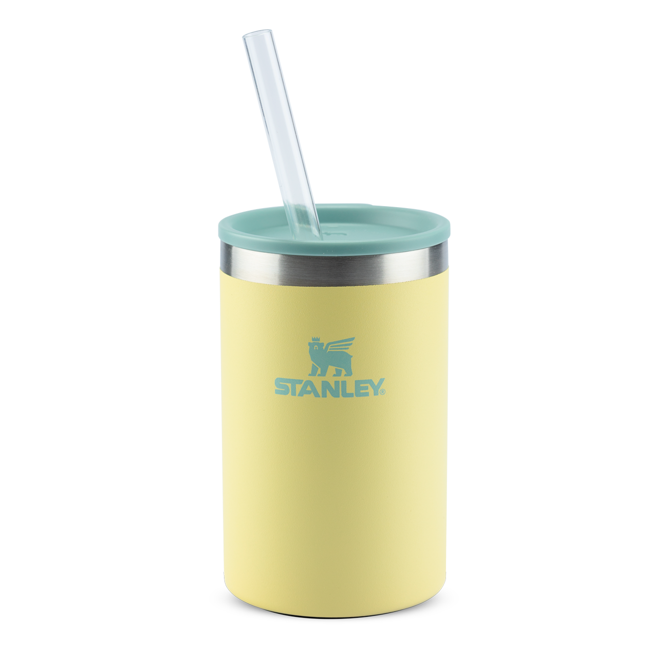 Copo térmico amarelo com tampa verde-água e canudo.