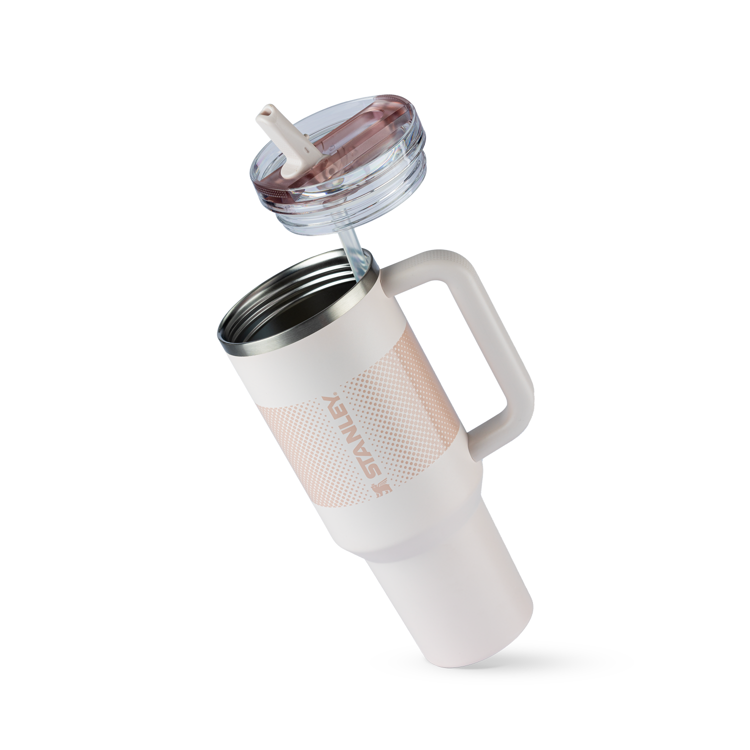Caneca térmica Stanley em rosa claro, com alça firme e tampa removível com bico. Destaca-se pela textura perfurada e o nome "STANLEY" impresso.