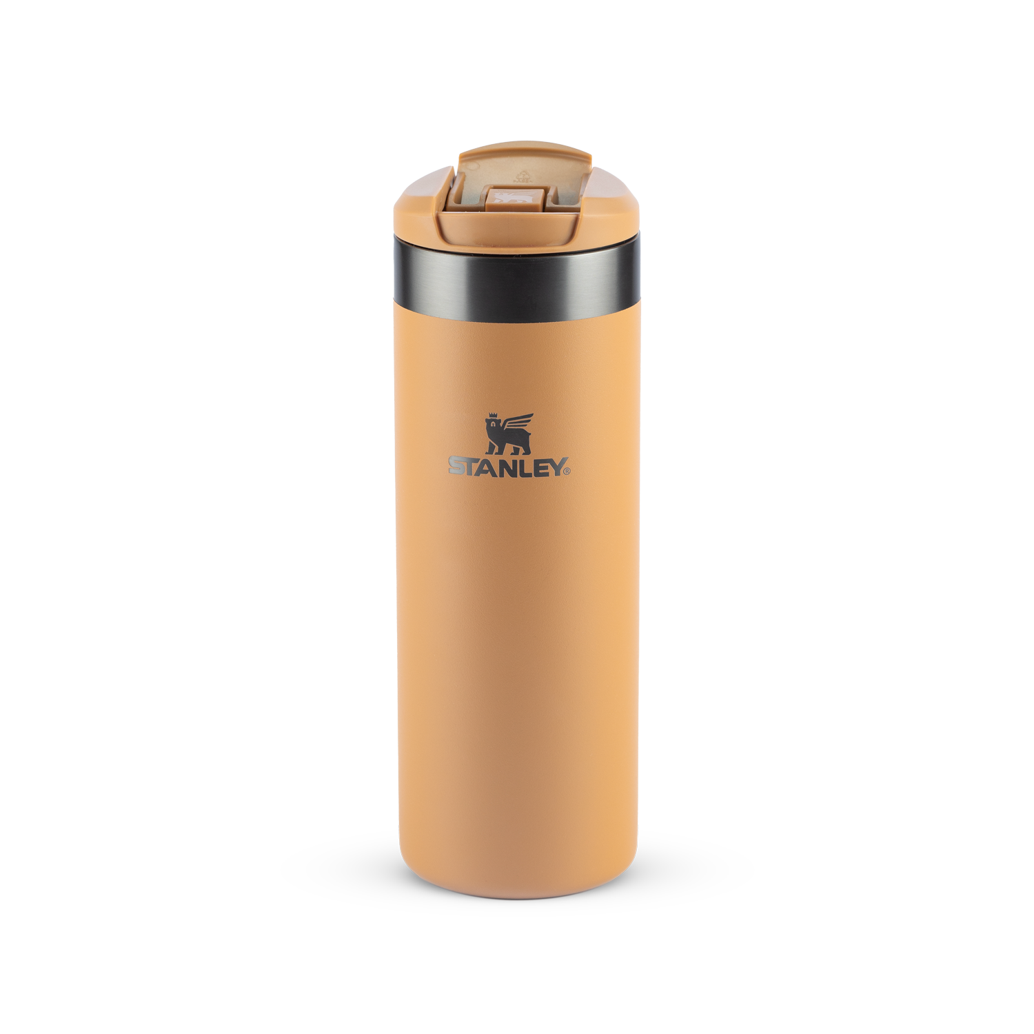 Copo térmico pêssego com tampa marrom e detalhe metálico.